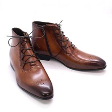 Mens Carved Pointed Toe Lace Up Business Real Leather Ankle Boots Western Zipper