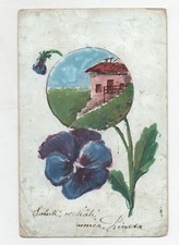 Cartolina antica illustrata - carta perlata - VIOLA DEL PENSIERO E PAESAGGIO