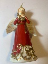 Angelo porcellana ornamento abito rosso bordo oro note musicali ali mandolino vintage