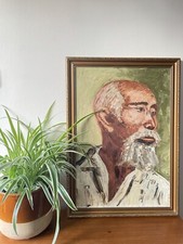 Uomo orientale Ho Chi Minh dipinto a mano, dipinto ad olio con cornice, vintage