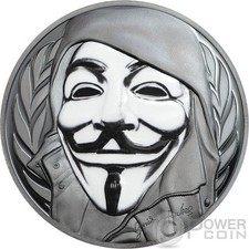 GUY FAWKES MASK Maschera Anonymous V Vendetta Moneta Argento 5$ Isole Cook 2016