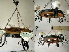Lampadario rustico in ferro battuto e legno mod. Ruota 6 luci E14 artigianale