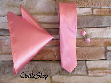 CRAVATTA SLIM 5cm FAZZOLETTO GEMELLI ROSA ANTICO CRAVATTINO POCHETTE RASO SETA