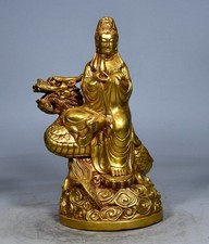 Statua Buddha Yulong Guanyin bronzo dorato antico buddismo tibetano arcaico Cina 8,7"