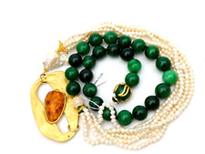 GIADA SMERALDITE , GIADA AFRICANA , PERLE D'ACQUA  DOLCE COLLANA ARTIGIANALE