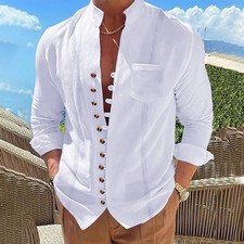 ? Camicia Uomo Cotone Lino Manica Lunga Retrò Casual Serate Estive ?
