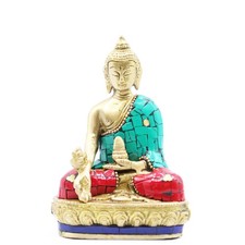 Statua di Buddha in ottone a mani basse 11,5 cm corniola pietra turchese...
