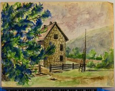 Quadro acquerello paesaggio casa di campagna su carta 1960 circa 