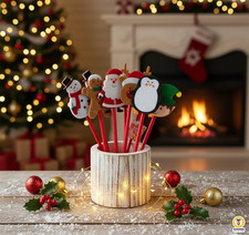 18 Matite Natalizie in Legno Decorate Personaggi Pupazzo Renna Babbo Natale