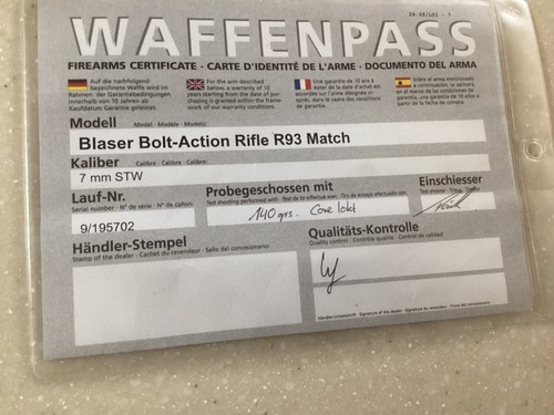 Blaser r93 match warranty - blaser, card