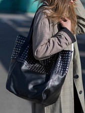 Maxi Borsa Vintage Con Borchie, Borsa Shopper Maxi Ecopelle,Maxi Bag Nera