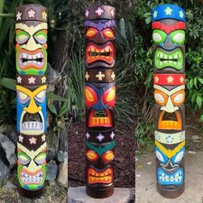Set 3 maschere totem tiki in legno intagliato a mano decorazione bar tropicale patio 39"x 6"in