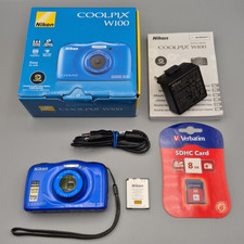 Nikon Coolpix W100 13.2Mp Digital Camera Waterproof 10m Blue, Charger, New SD