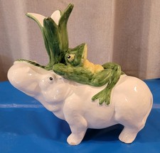 Ippopotamo ceramica maiolica reale vintage Italia AB con rana sul retro portacandele - 9"