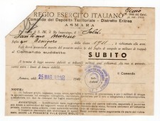 REGIO ESERCITO ITALIANO ASMARA 1940 - RICHIAMO ALLE ARMI DISTRETTO ERITREA