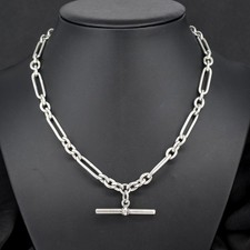 Antica catena orologio trombone argento sterling con doppia clip cane e barra a T | 16