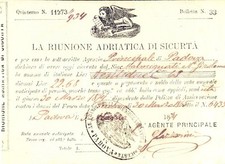 1874 PADOVA RIUNIONE ADRIATICA SICURTA' Ricevuta Girolamo MALMIGNATI