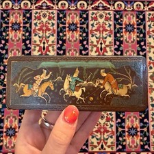 Scatola Porta Pennini Astuccio Scrivania Antico Dipinto Kashmir Asia Papier 