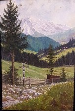 Dipinto olio vecchio Marterl croce via crocifisso montagne Alpi Tirolo Baviera album illustrato 
