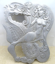 Rara statuetta vintage unica grande sirena e cavalluccio marino art deco montaggio su palo in alluminio