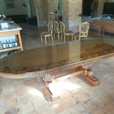 TAVOLO LEGNO MASSELLO ANTICO PREGIATO INTARSIATO CRISTALLO SEDIE ANTIQUARIATO