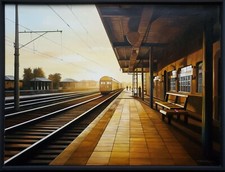 Dipinto olio treno stazione