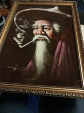 Quadro su velluto nero/scamosciato-vintage-49cm x 35cm-orientale? Pipa da fumo uomo
