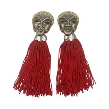 Orecchini Clip Vintage Maschera Etnica Nappe Rosse