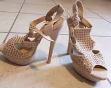 Sandali Di Camoscio Beige Con Brillantini Taglia 36 Con Tacco 14 E Plateau