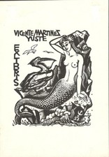Lorenzo Alessandri Exlibris Bookplate x V M Yuste xilografia 1957 mermaid raro 