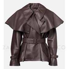 Giacca di pelle da donna - trench marrone con cintura vera pelle di agnello stile designer