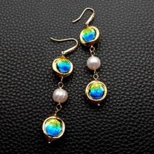 Orecchini pendenti in vetro di Murano blu perla keshi coltivata acqua dolce bianca