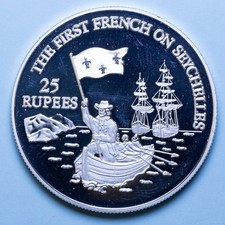 SEYCHELLES 25 RUPIE 1993 FIRST FRENCH LANDING ARGENTO PROOF SILVER COIN