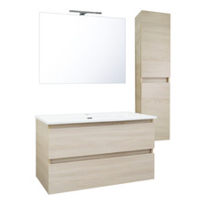 Mobile Bagno 90 cm Sospeso Composizione con Lavabo Specchio Luce Led e Colonna