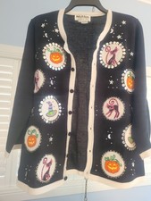 Maglione cardigan Halloween con paillettes, pietre preziose, gatti neri, cappelli da strega
