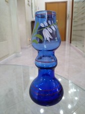 Soprammobile originale vintage portafiori porta candela vetro blu dipinto a mano