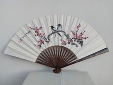 Grande Ventaglio Cinese da Parete Vintage Dipinto a Mano Fiori Ciliegio Uccelli