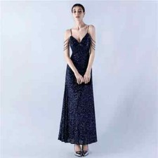 Vestito Abito Elegante Lungo Blu Morbido Raso Strass Sirena 25760