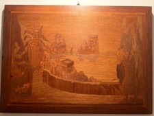 Quadro ligneo a vero intarsio sorrentino, metà '900. Veduta costiera amalfitana