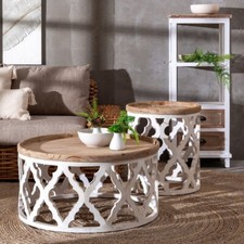 TAVOLINO BASSO SHABBY VINTAGE diametro 82H41 Mobili Legno bianco provenzale chic