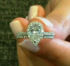Anello da sposa in oro bianco massiccio 14 carati con diamanti taglio pera 2,...