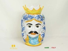 Testa di Moro in Ceramica di Caltagirone corona decori blu celesti 29cm
