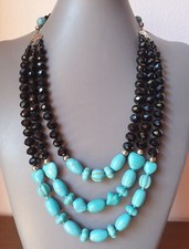 ??? COLLANA DONNA PIETRE DURE TURCHESE, ONICE NERO. MULTIFILO.  BOHO.. LUNGA.