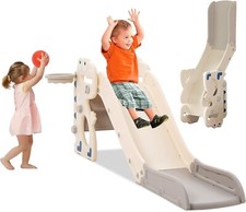 Scivolo per bambini, scivolo per dinosauri pieghevole con arrampicatore, canestro da basket e lancio ad anello