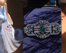 Spilla Argentato Arte Deco Rettangolo Strass Verde Smeraldo Vintage Stile QD11