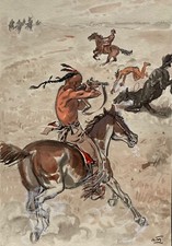 Aquarell Indianer Akte auf Pferden im Kampf Amerika USA Monogrammiert