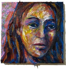 OLIO ORIGINALE█DIPINTO VINTAGE█ARTE FIRMATO '25 OUTSIDER BEACH█CAPPELLO DONNA RAGAZZA FAUVE