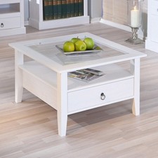 KIT TAVOLINO IN LEGNO MASSELLO BIANCO CON CASSETTO CM. 75X75X45H