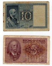 LOTTO COPPIA BIGLIETTO DI STATO DA DIECI 10 E CINQUE 5 LIRE IMPERIALE REGNO ITAL