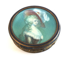 Antique French Miniature Portrait Gilt Metal Jewel Trinket Box